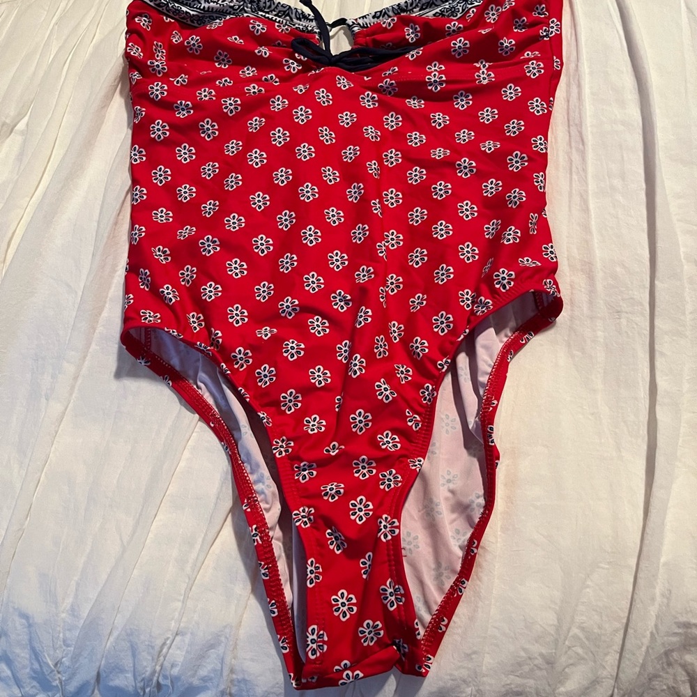 Super cute strapless one piece bathing suit. Red, white and blue.